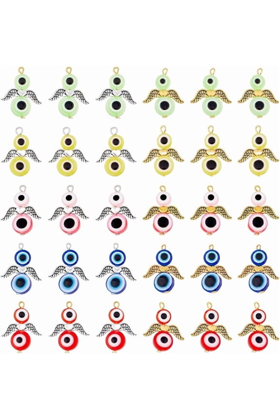 50PCS 10Styles Angel Wing Dangle Bead Charms Rhinestone Evil Eyes Dangle Charms Silver and Golden Plated Pendants Charms for Keychains Earrings Crafts