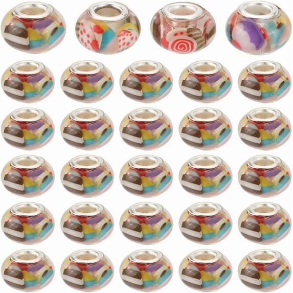 50PCS 14mm European Glass Beads European Large Hole Beads Bulk Candy Transparent Resin Rondelle Alloy Double Cores Loose Spacer Beads