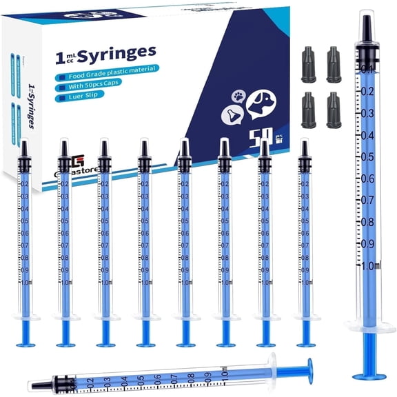 50PCS 1ml Plastic Syringe for Scientific Labs, Measuring Liquids, Feeding Pets, Oil or Glue Applicator, Non-Steril-Blue
