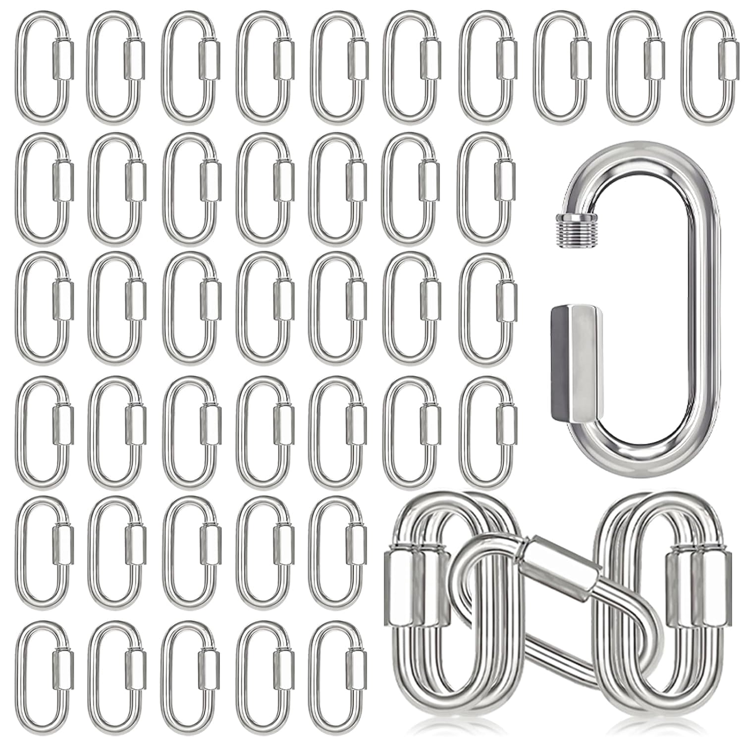 50PCS 2 Inches Chain Quick Links, M5 Galvanized Steel Thread Heavy Duty Carabiner Clips, 3/16" Locking Carabiners Connectors for Hammock, Camping, Pet Leash, Key Chain, Gym, 650 Lbs Capacity