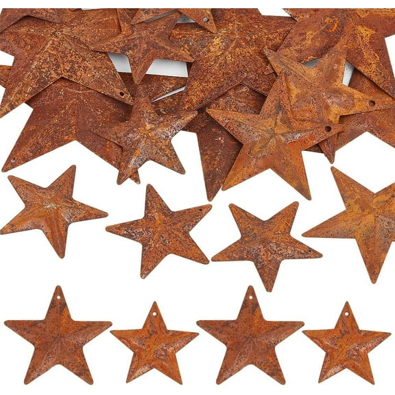 50PCS 2 Sizes Rusty Metal Barn Star 1.5" 2" Vintage Primitives Country Decor Tin Steel Stars with Holes Rustic Ornament Original Retro Accents for Patriotic 4th of July Christmas