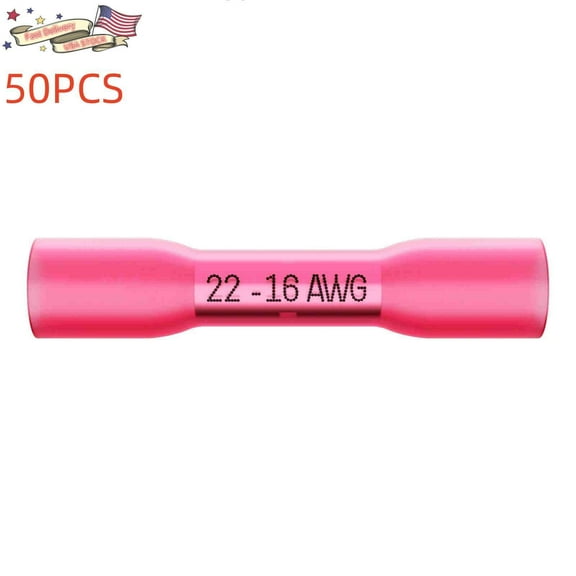 50PCS 22-16AWG Wire Connectors Heat Shrink Butt Waterproof Splice Terminals Red