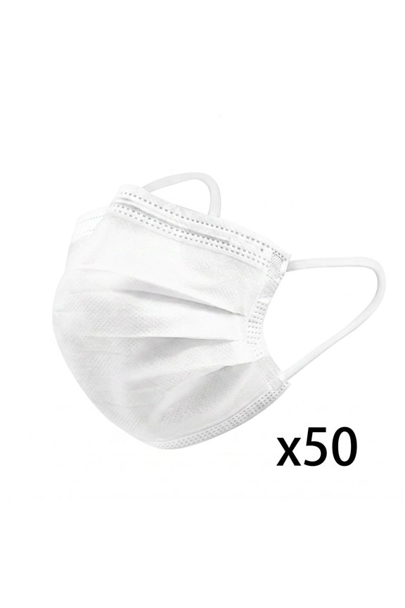 50PCS 3-Ply Disposable Face Masks Adult 3-Layer Protective Non-Woven Melt-Blown Breathable Ear Loop Masks(White-17.5cm)