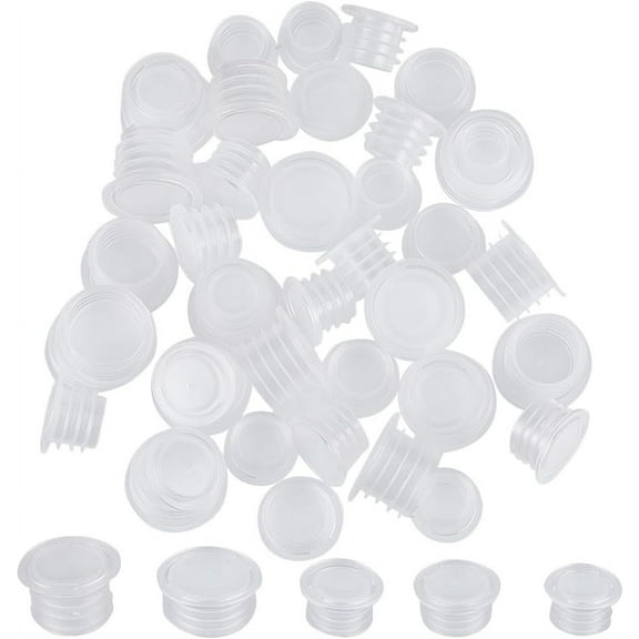 50PCS 5 Sizes Clear Plastic Stopper with Pull Tab Salt and Pepper Shaker Stoppers Replacement Bottle Plug 10.5mm to 18mm Inner Diameter Reusable Column End Covers for Pots Bottles White