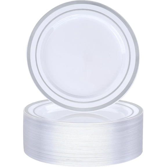 50PCS 7 Inch Silver Plastic Plates, Disposable Salad Dessert Plate with Silver Rim, Heavy Duty Disposable Plastic Plates for Parties, Wedding and Birthday, Events