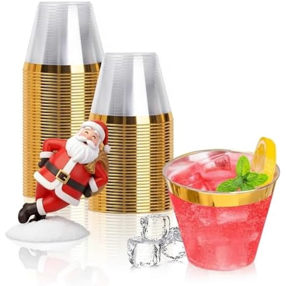 50PCS 9oz Gold Disposable Cups, Plastic Cups with Gold Rim, Cocktail Cups for Wedding, Party and Birthday