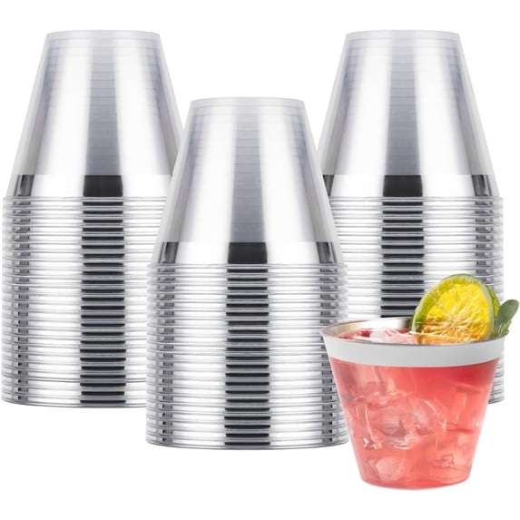 50PCS 9oz Plastic Cups for Party, Disposable Silver Plastic Cups, Cocktail Glasses for Wedding Thanksgiving, Christmas