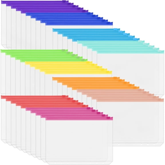 50PCS A5 Binder Pockets 6-Hole Cash Stuffing Envelopes for Money Saving, 10 Assorted Color Zipper Pouch Folders Budget Planner Inserts Loose Leaf Money Organizer Bags for A5 6-Ring Binder