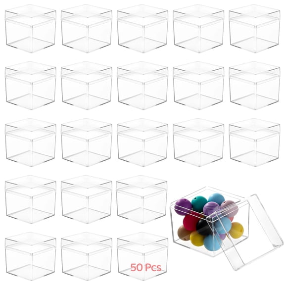 50PCS Acrylic Boxes with Lids, 2"2"2" Mini Clear Candy Boxes, Square Transparent Display Cases, Stackable Storage Cubes for Wedding Favors, Jewelry, Treats