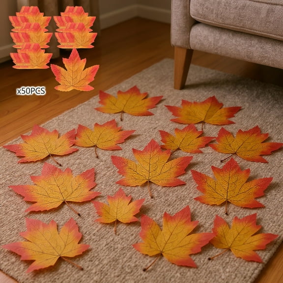 50PCS Artificial Maple Leaves Orange | Fall Decor 3.9"x3.5" | Faux Autumn Leaves for Thanksgiving Wedding Party Harvest, Plastic Vein Pattern, Seasonal Table Centerpieces