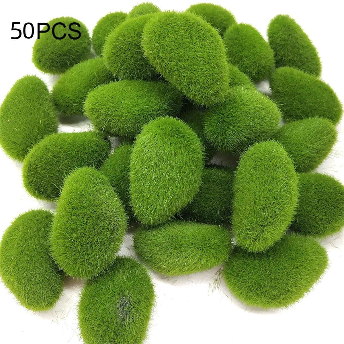 50PCS Artificial Moss Rocks, 5 Size Faux Green Moss Covered Stones