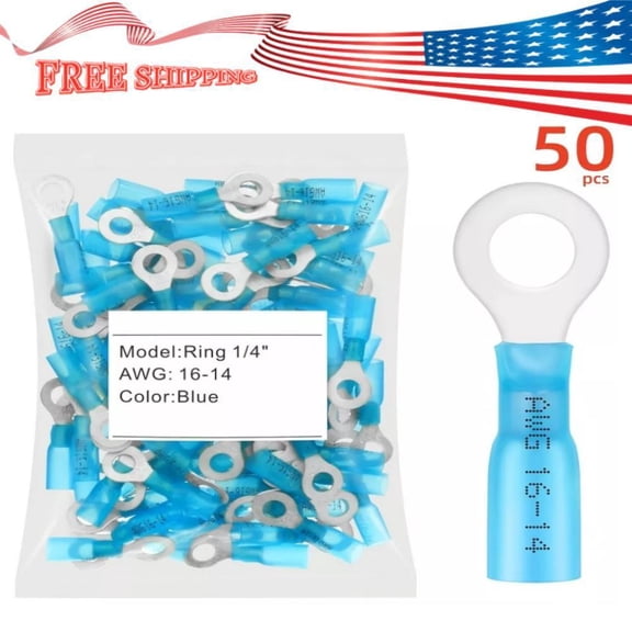 50PCS Automotive Ring Terminals 1/4" Blue 16-14AWG Heat Shrink Wire Connector M6