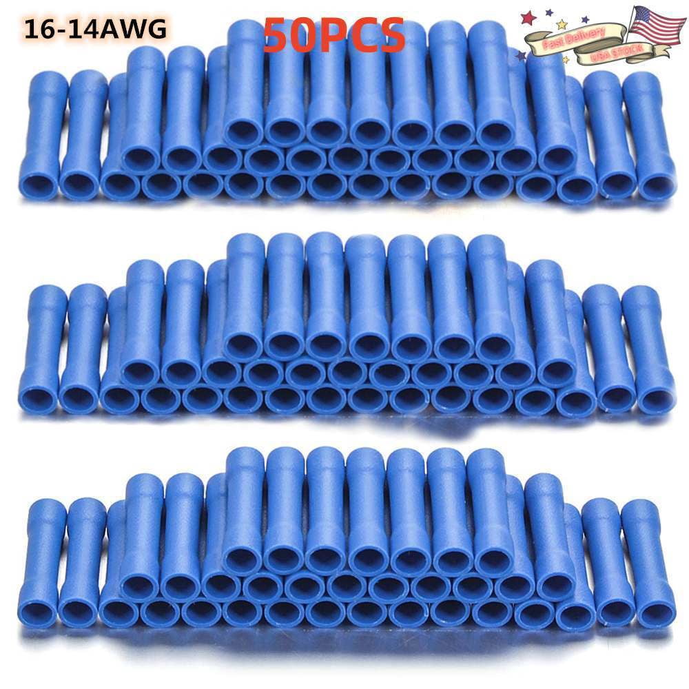 50PCS Blue PVC/Vinyl Butt Splice Crimp Connectors Terminals, AWG 16-14 ...