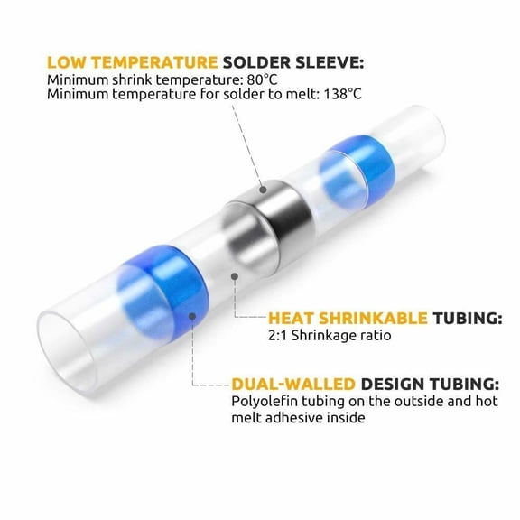 50PCS Blue Solder Seal Wire Connector AWG16-14 Heat Shrink Butt Splice Terminal