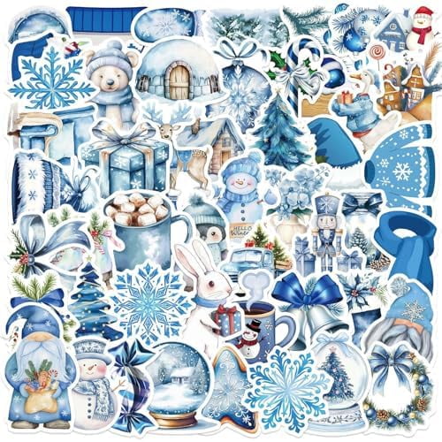 50PCS Blue Winter-Themed Stickers for , Christmas Waterproof Vinyl Winter Stickers for Decorating Laptops, Water Bottles, Notebooks, Christmas Party Gifts for Teens and Adults