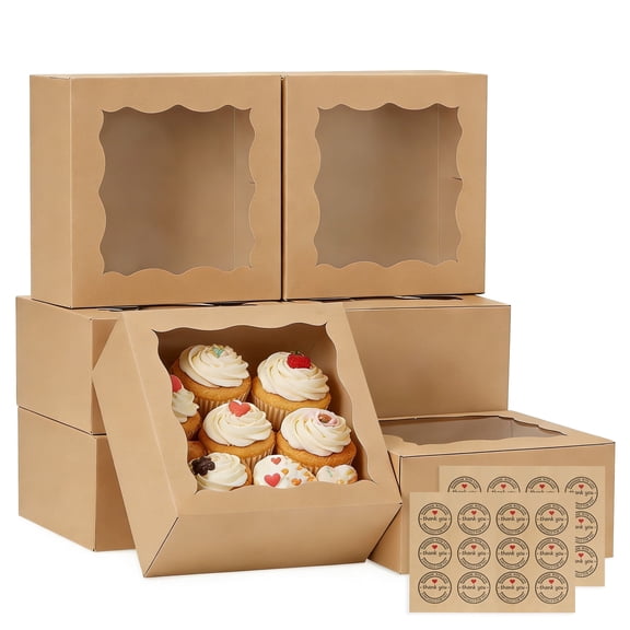 50PCS Brown Cookie Boxes with Window, 4x4x2.5 Inches Bakery Boxes with Stickers for Small Cookies Mini Cake Treat Dessert Pastry Donuts Macaroon Strawberries Chocolate Candy