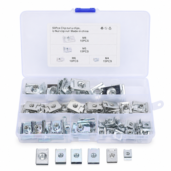 50PCS Car U Clips Auto U Nut Assortment Kit M4 M5 M6 M8 U Shaped Nut Set for Car Motorcycle Dash Door Panel Interior Replacement Fasteners (6.69 inches / 17.0 cm)