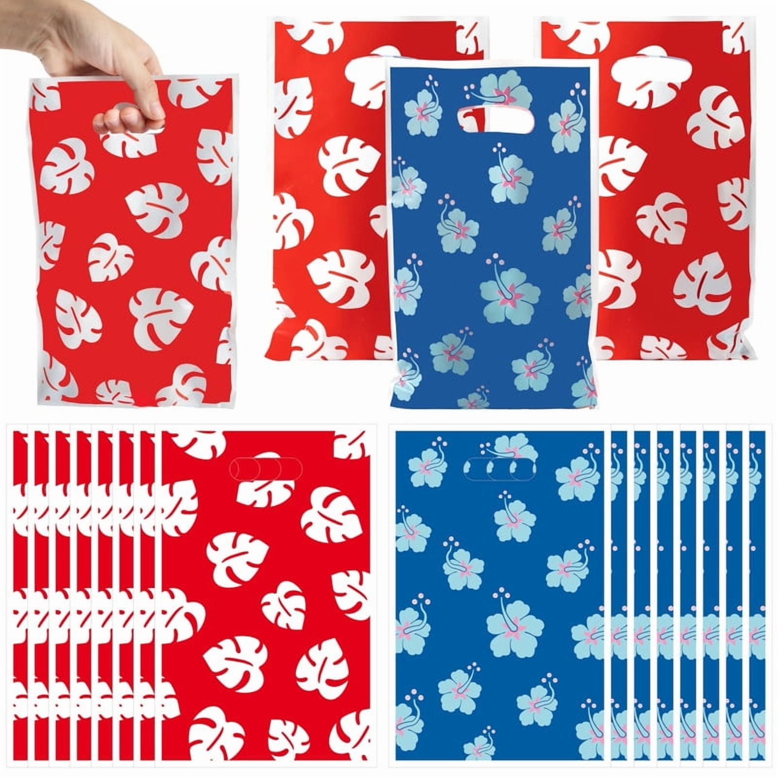 50PCS Cartoon Anime Themed Party Gift Bags, Tropical red and blue leaves Candy Bags with Handles, Suitable for Boys, Girls, Friends, Birthday Party Supplies and Decorations