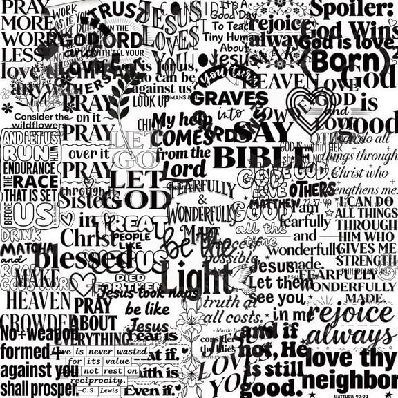 50PCS Christian Inspirational Quote Stickers, Black White Bible Verse Decals, Clear Waterproof Scrapbook Journal Stickers for Laptop Water Bottle Planner Faith Gifts