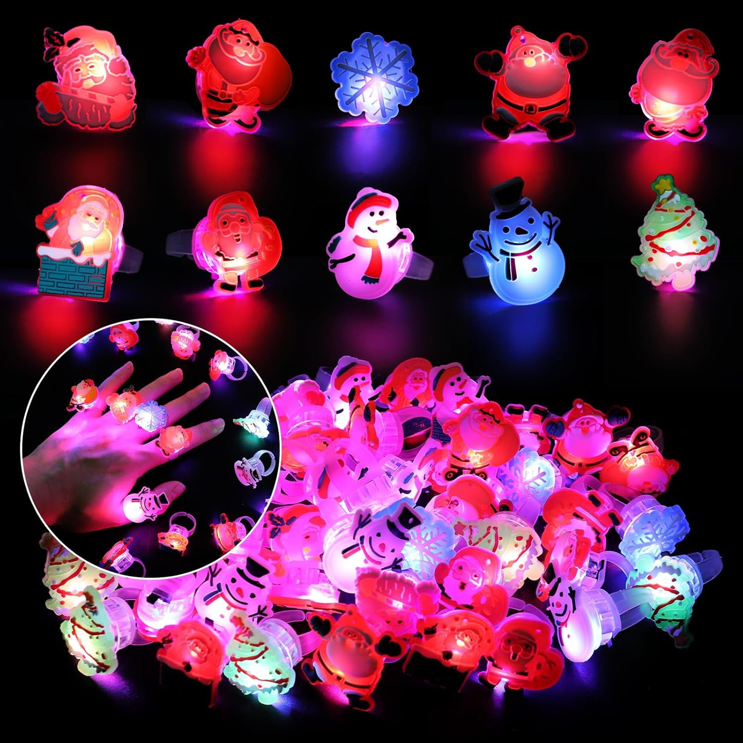 50PCS Christmas Light Up Rings, Assorted Santa Snowman Flash LED Rings ...