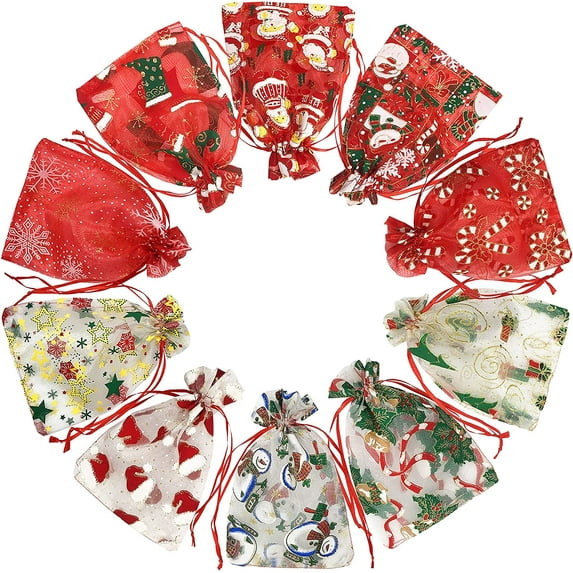 50PCS Christmas Organza Gift Bag 4X6 with Drawstring Small Goodie Candy Party Favor Xmas Gift Bags