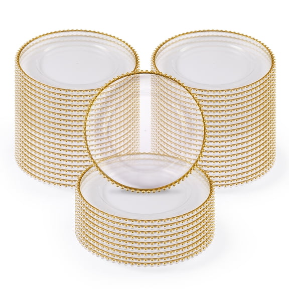 50PCS Clear Charger Plates with Gold Beaded Rim, 13 inch Round Decorative Plastic Placemats, Elegant Table Chargers for Wedding, Party, Dinner Table Setting