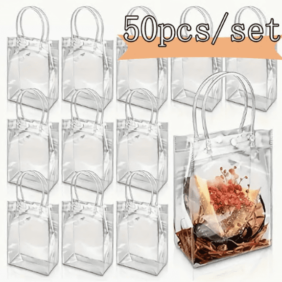 50PCS Clear Plastic Gift Bags with Handles, Reusable Party Favor Bags Transparent Gift Wrap Bags Bulk for Weddings Birthdays, 7.87 x 5.91 x 2.76Inches