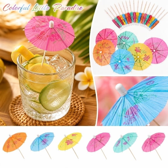 50PCS Cocktail Umbrellas Paper Drink Picks, Colorful Mini Parasol Food Garnish for Luau Beach Party Bar Decor, Tropical Cupcake Toppers Appetizer Skewers, Wood Stick