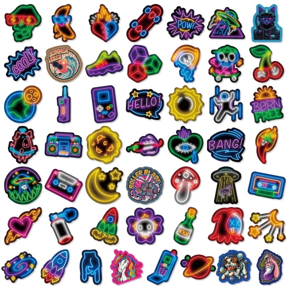50PCS Cool Neon Rocket Stickers Pack, Waterproof Vinyl Aesthetic Neon Light Decals for Water Bottles Laptop Luggage Motorcycle Skateboard, Trendy Party Favors Stickers Gift for Teens Kids