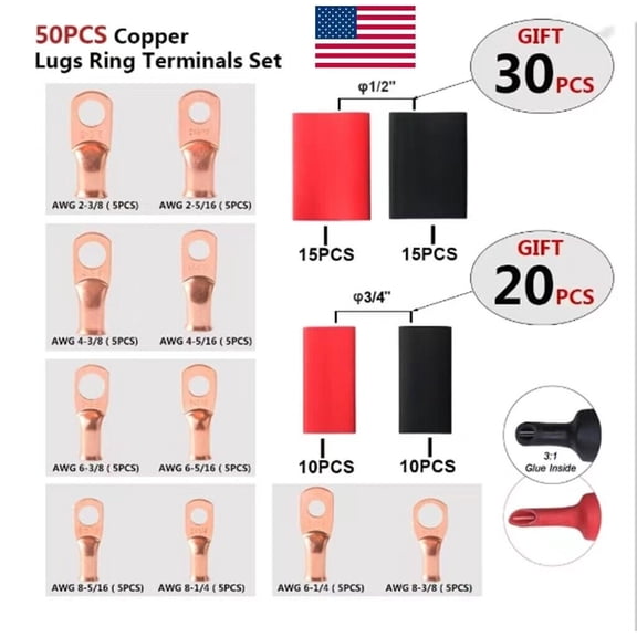 50PCS Copper Ring Terminal Wire Crimp Battery Electrical Cable Lug Connectors