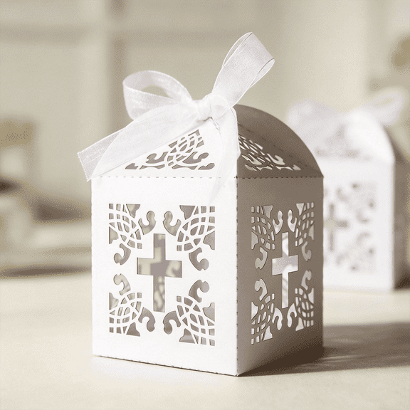 50PCS Cross Favor Boxes (2.2"x2.2"x2.2") - Baptism & Christening Party Favors with 50 Ribbons Small Gift Boxes for Birthday, Religious Celebration Events