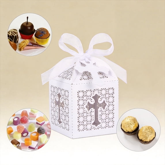 50PCS Cross Favor Boxes with Ribbons, 2.2" Small Religious Gift Boxes for Baptism, Christening and First Communion, White Cardstock Treat Boxes for Religious Celebration Party Favors