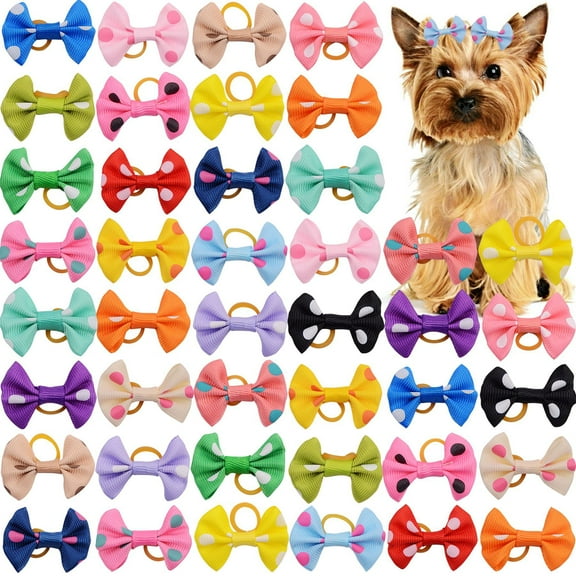 50PCS Cute Puppy Dog Small Bowknot Hair Bows with Rubber Bands Handmade Hair Accessories Bow Pet Grooming Products