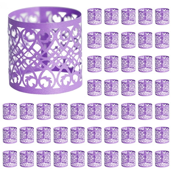 50PCS Disposable Napkin Rings,Weddings,Hollow Napkin Buckle Towel Paper,Laser Cut Foil Paper Napkin Rings Self Adhesive Set of 50 for Party Table Settings Decoration, Dinner Parties Purple,6.87x1.93"