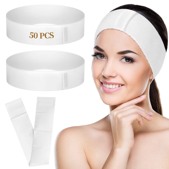 50PCS Disposable Spa Headbands, Elastic Headband Wrap with Adjustable Closure, Stretch Non-Woven Facial Bandeau, Soft Skin Care Essential Headbands with Sticking Fastener