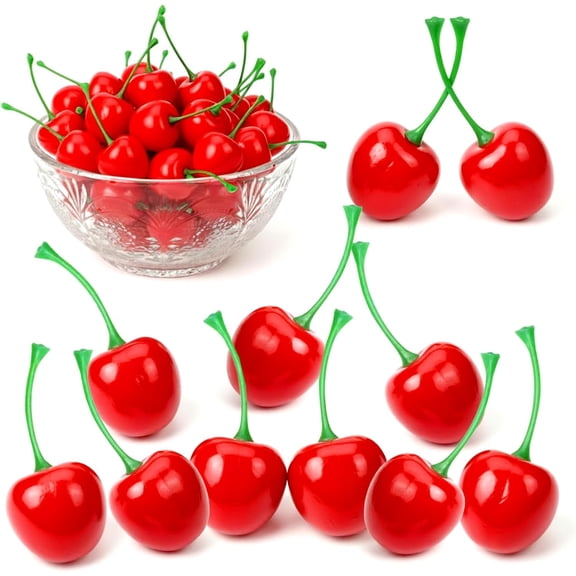 50PCS Fake Cherries, Lifelike Red Artificial Cherry Simulation Cherry Model Fake Fruit Decorations for Home Kitchen Party Wedding Photography Props DIY Crafts Table Centerpiece and Christmas Decor