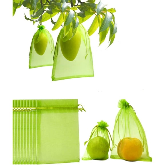 50PCS Fruit Protection Netting Bags for Fruit Trees, Garden Mesh Barrier Bags to Protect Plants from Pest Birds Squirrels, Fruit Cover Mesh Bag with Drawstring, Reusable, Green