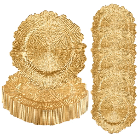 50PCS Gold Charger Plates Bulk, 13 inch Round Decorative Plastic Placemats with Reef Edge Design, Table Chargers for Wedding, Party, Dinner Table Setting