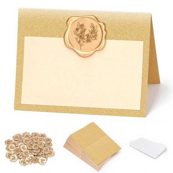 50 Pack Place Cards with Antique Gold Wax Seal Stickers, Foldable Tent Table Name Cards 4x3 Inches, Place Cards for Wedding, Party, Dinner Events, Reception and Baby Shower, Pearlescent Gold