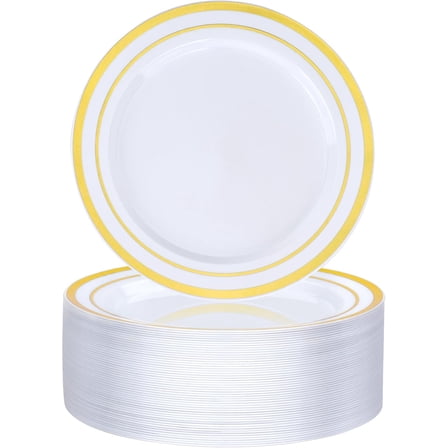 50PCS Gold Plastic Plate, 7 Inch Disposable Dessert Plate Party with Gold Rim, Heavy Duty Disposable Plastic Plates for Party, Wedding and Birthday