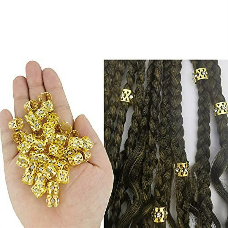 50PCS Gold Rhinestone Hair Ring Iron Dreadlock Beads Accessories Hair  Jewelry With 100 pcs Mini Rubber Bands for Women Braids Cuff Clip (A)