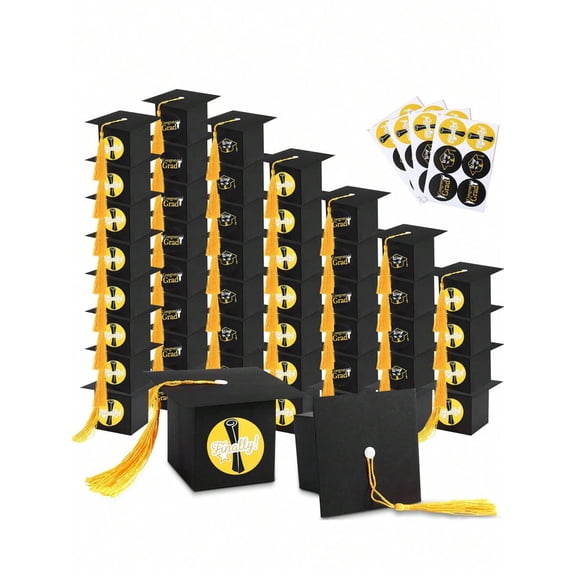 50PCS Graduation Cap Boxes with Tassels & Stickers - Yellow Grad Cap Candy Boxes for Graduation Party Favors, Souvenirs & Decor