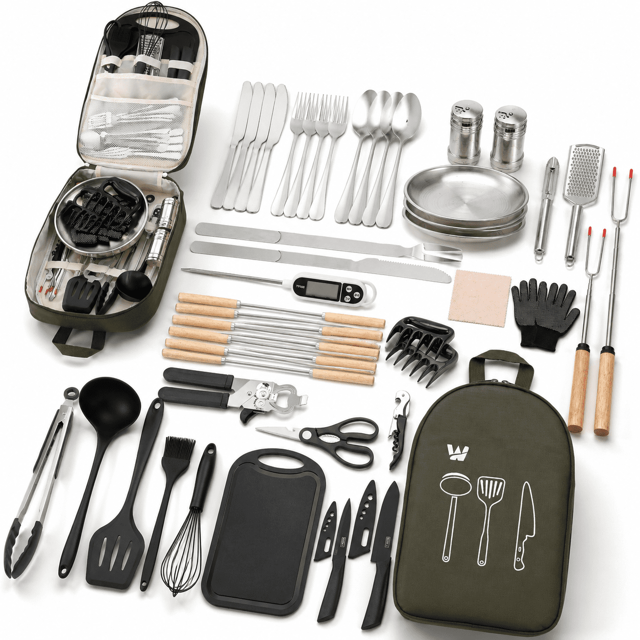 50PCS Green Stainless Steel & Silicone Camping Mess Kit For Outdoor ...