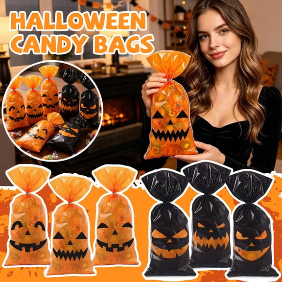 50PCS Halloween Cellophane Treat Bags, Pumpkin Face Twist Tie Candy Goodie Bags for Kids Party Favors, Trick or Treating Cookie Snack Bag Popcorn Gift Bag for Halloween Party Decorations