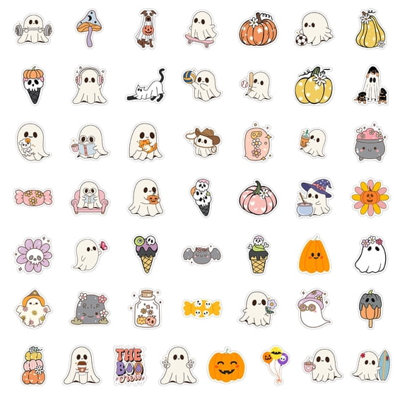 50PCS Halloween Ghost Doodle Stickers Waterproof Cartoon Decorative Decals for Phone Laptop Water Bottle Scrapbook Skateboard Suitcase