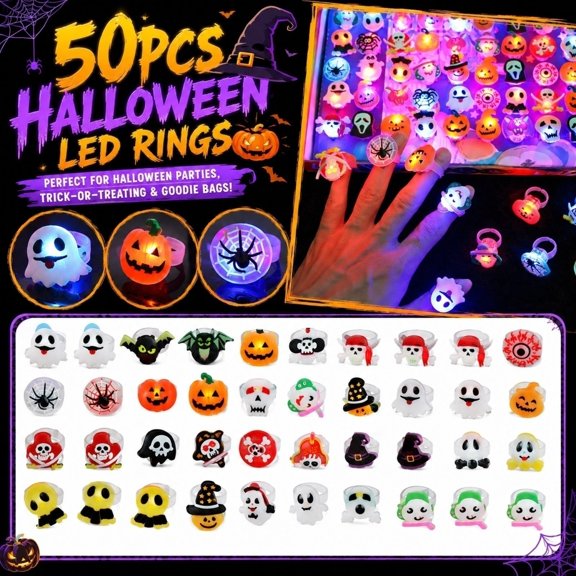 50PCS Halloween LED Light Up Finger Rings, Bulk Assorted Spooky Flashing Glow Rings, Pumpkin Ghost Spider Skeleton Light Rings for Kids Halloween Party Favors Trick or Treat Goodie Bag Fillers