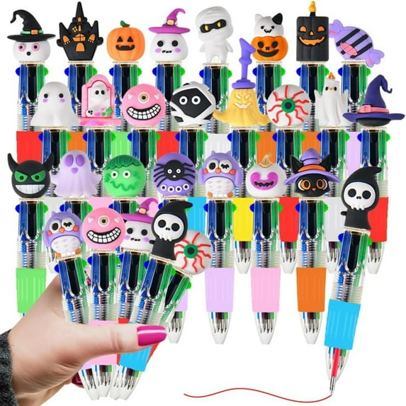 50PCS Halloween Multicolor Pens Fun 4-in-1 Ballpoint—Pumpkin, Bat, Skeleton Patterns—Bulk Spooky Cool Holiday Ballpoint Pens for Halloween Party Gifts Supplies Treat Bag Stuffers for Students