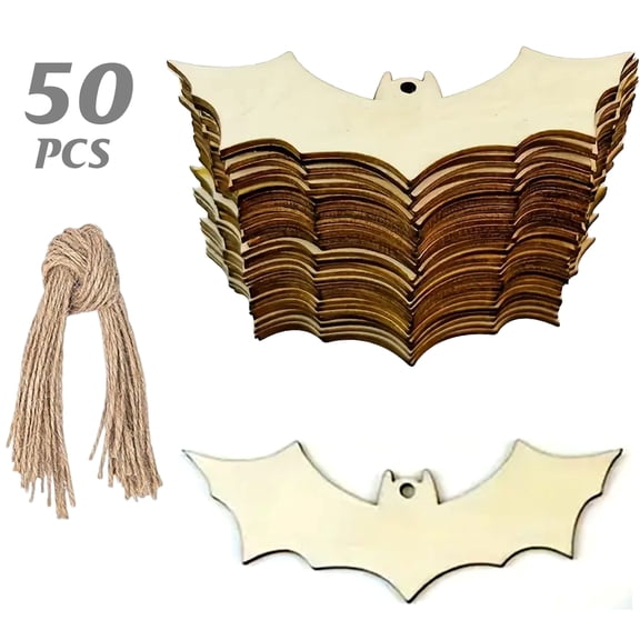 50PCS Halloween Wooden Bat Decorations with Jute Twine, DIY Craft Supplies for Party Decor