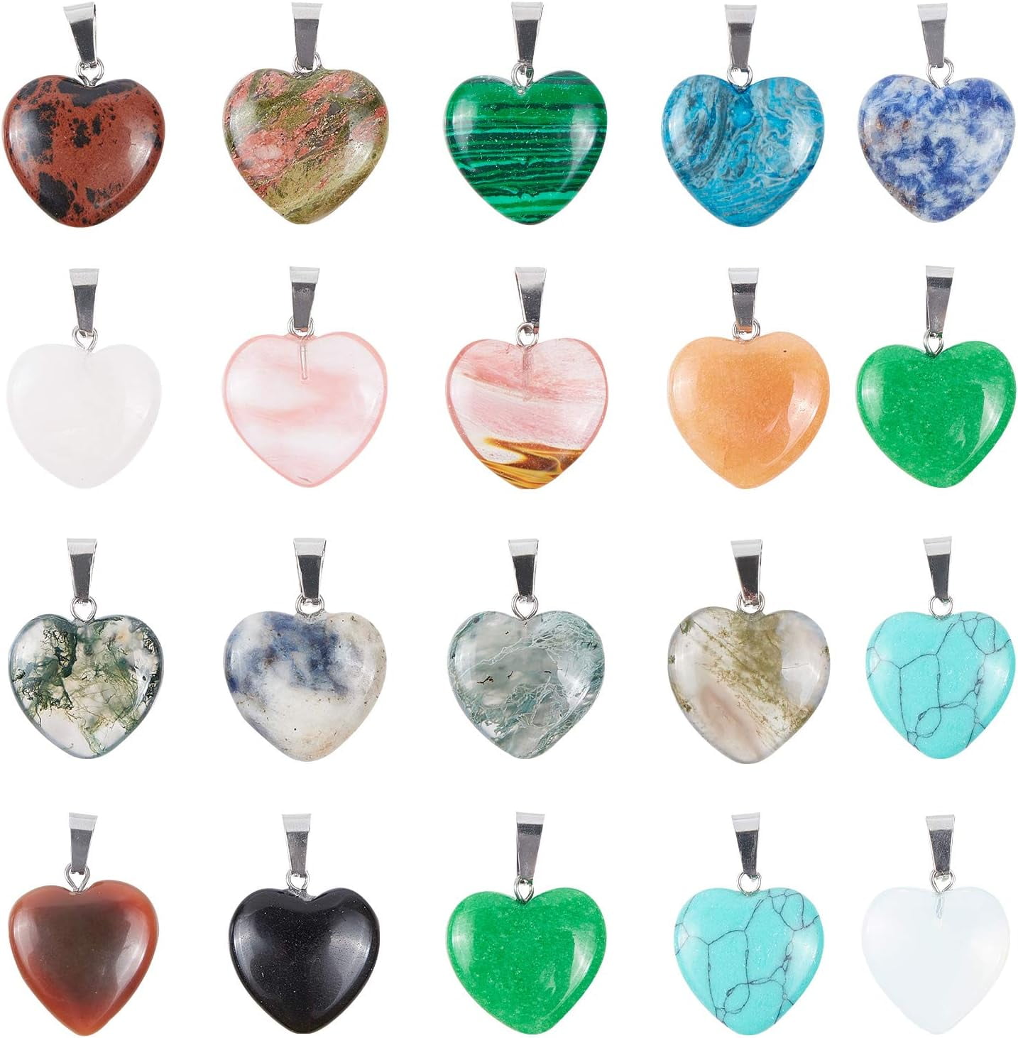 50PCS Heart Beads Pendants Gemstone Stone Charms Healing Stone Beads Pendants for DIY Necklace Jewelry Making-Assorted Color PlatinumDIY