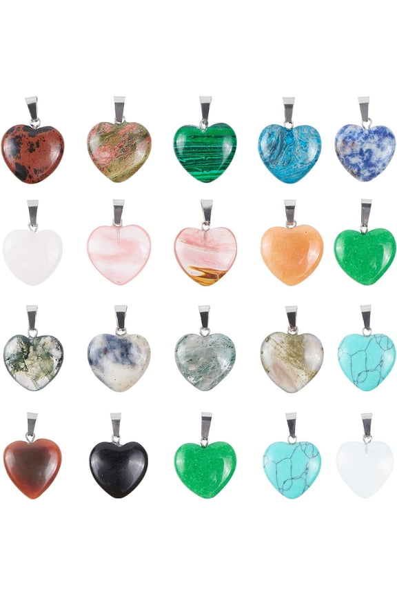 50PCS Heart Beads Pendants Gemstone Stone Charms Healing Stone Beads Pendants for DIY Necklace Jewelry Making-Assorted Color PlatinumDIY